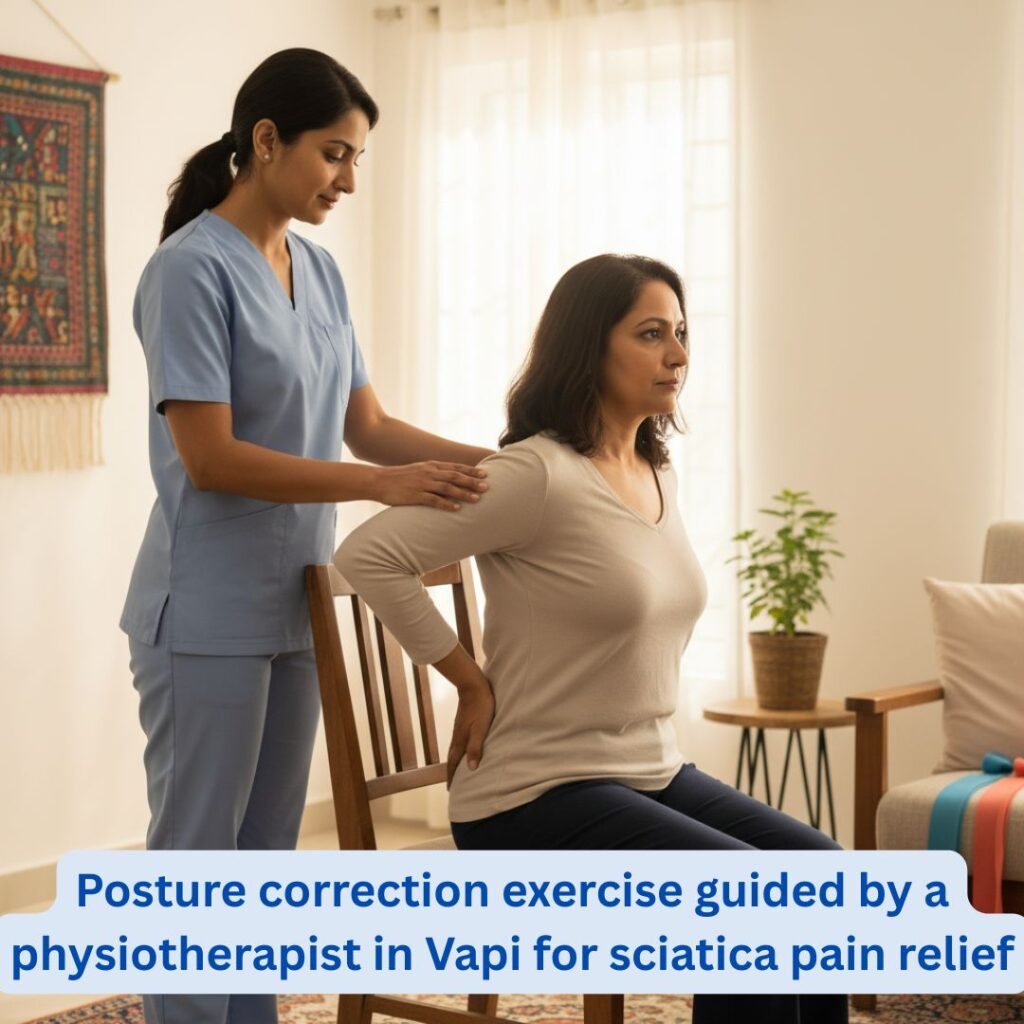 Posture correction exercise guided by a physiotherapist in Vapi for sciatica pain relief